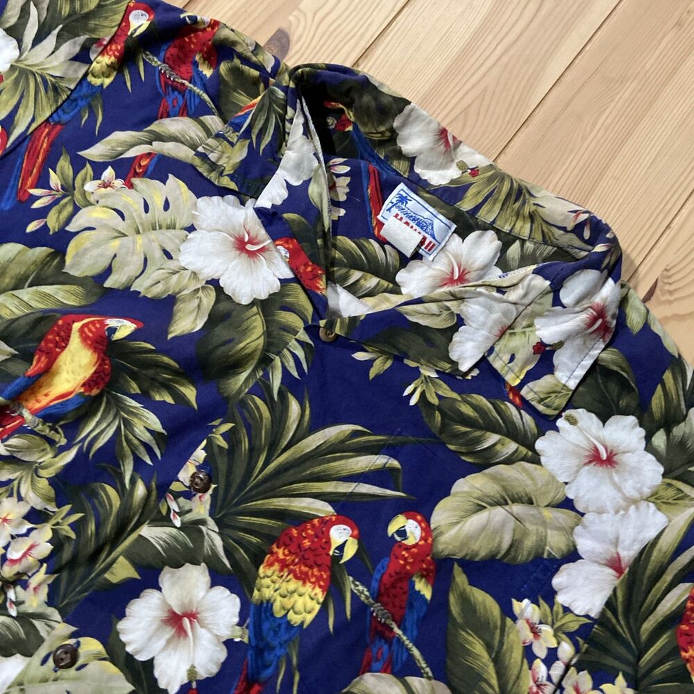 Hawaii Hawaiian Tropical Shirt L 100% Cotton Blue Cockatoo Macaw Mens